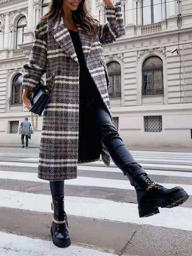 Women's Coats Lapel Plaid Long Sleeve Long Woolen Coat - Coats & Jackets - Instastyled | Online Fashion Free Shipping Clothing, Dresses, Tops, Shoes - 08/12/2021 - COA2112091350 - Coats & Jackets