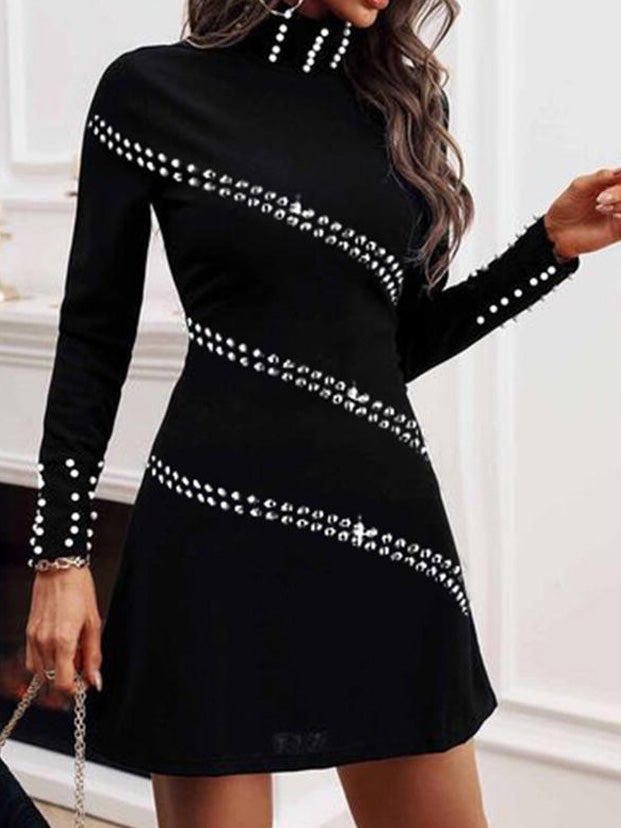 Women's Dresses Beaded High Neck Long Sleeve Dress - Mini Dresses - Instastyled | Online Fashion Free Shipping Clothing, Dresses, Tops, Shoes - 06/01/2022 - 40-50 - color-black