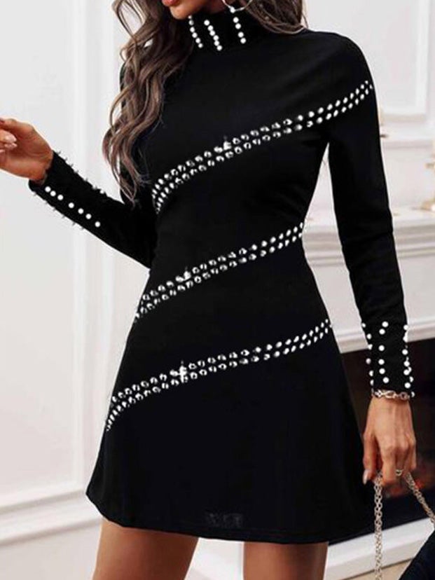 Women's Dresses Beaded High Neck Long Sleeve Dress - Mini Dresses - Instastyled | Online Fashion Free Shipping Clothing, Dresses, Tops, Shoes - 06/01/2022 - 40-50 - color-black