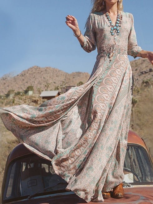 Women's Dresses Bohemian Belted Long Sleeve Slit Dress - Maxi Dresses - Instastyled | Online Fashion Free Shipping Clothing, Dresses, Tops, Shoes - 13/01/2022 - 30-40 - color-blue