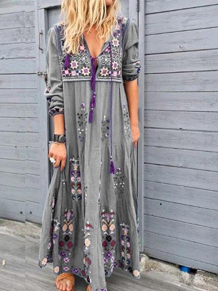 Women's Dresses Bohemian Drawstring Long Sleeve Dress - Maxi Dresses - INS | Online Fashion Free Shipping Clothing, Dresses, Tops, Shoes - 13/10/2021 - 30-40 - color-blue