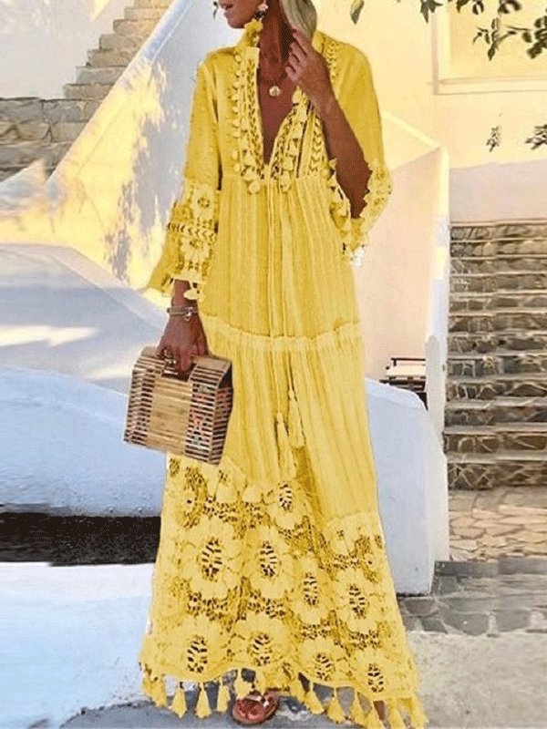 Women's Dresses Bohemian Lace Fringed Temperament Dress - Maxi Dresses - INS | Online Fashion Free Shipping Clothing, Dresses, Tops, Shoes - 03/09/2021 - Category_Maxi Dresses - color-blue