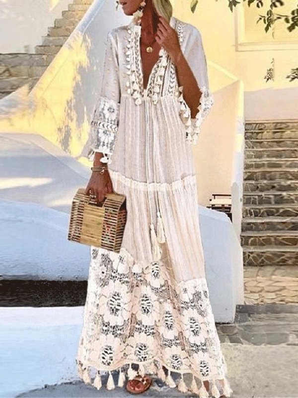 Women's Dresses Bohemian Lace Fringed Temperament Dress - Maxi Dresses - INS | Online Fashion Free Shipping Clothing, Dresses, Tops, Shoes - 03/09/2021 - Category_Maxi Dresses - color-blue