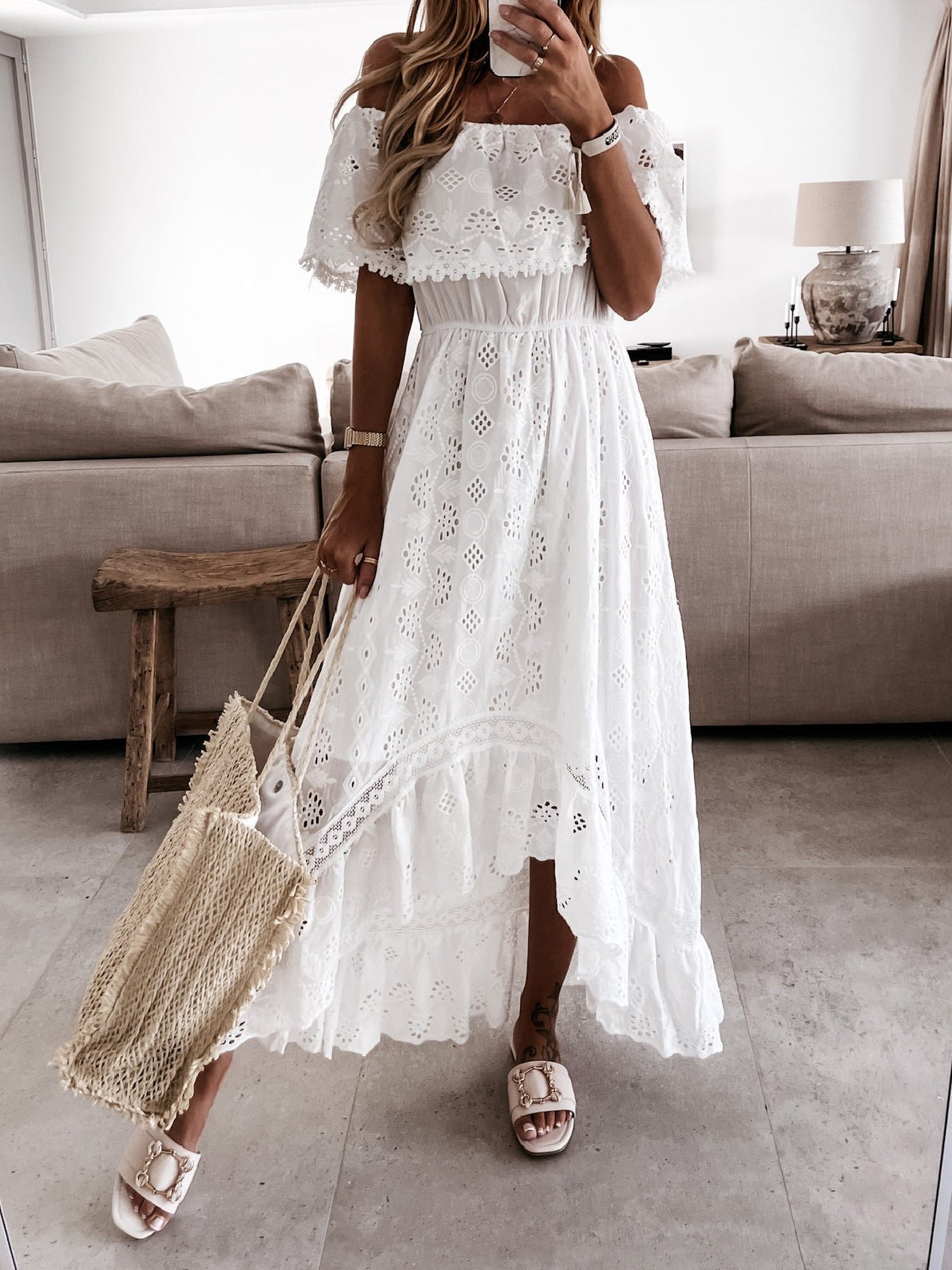 Women's Dresses Boho Lace One-Shoulder Ruffle Dress - Maxi Dresses - Instastyled | Online Fashion Free Shipping Clothing, Dresses, Tops, Shoes - 31/03/2022 - Casual Dresses - color-white