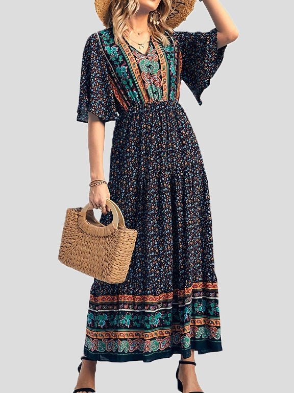 Women's Dresses Boho Print V-Neck Short Sleeve Dress - Maxi Dresses - Instastyled | Online Fashion Free Shipping Clothing, Dresses, Tops, Shoes - 17/01/2022 - 40-50 - color-black