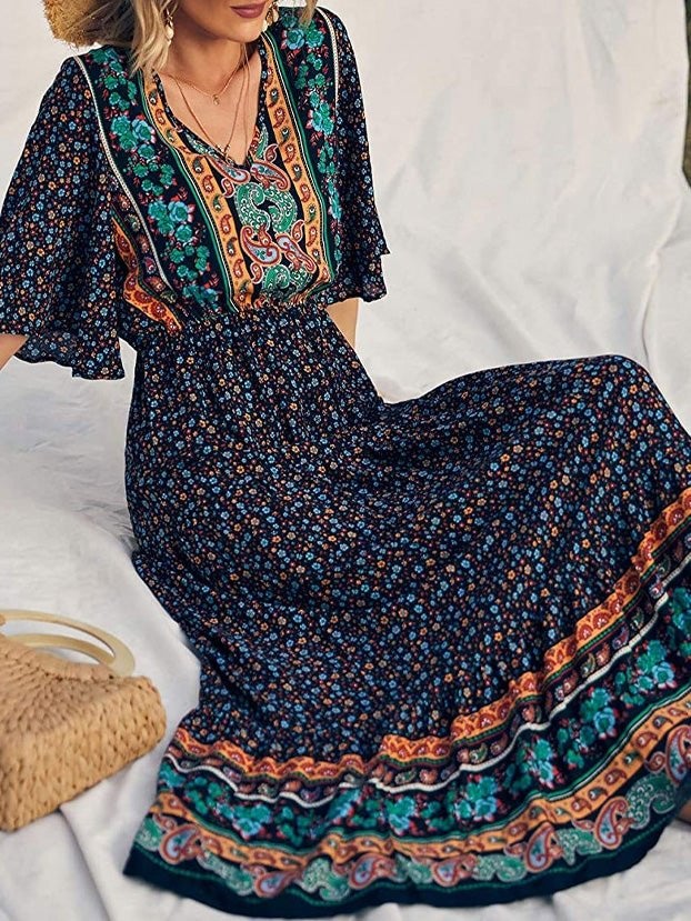 Women's Dresses Boho Print V-Neck Short Sleeve Dress - Maxi Dresses - Instastyled | Online Fashion Free Shipping Clothing, Dresses, Tops, Shoes - 17/01/2022 - 40-50 - color-black