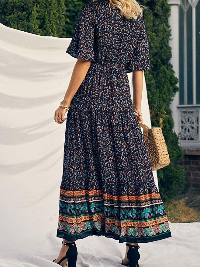 Women's Dresses Boho Print V-Neck Short Sleeve Dress - Maxi Dresses - Instastyled | Online Fashion Free Shipping Clothing, Dresses, Tops, Shoes - 17/01/2022 - 40-50 - color-black