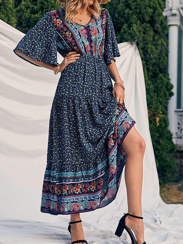 Women's Dresses Boho Print V-Neck Short Sleeve Dress - Maxi Dresses - Instastyled | Online Fashion Free Shipping Clothing, Dresses, Tops, Shoes - 17/01/2022 - 40-50 - color-black