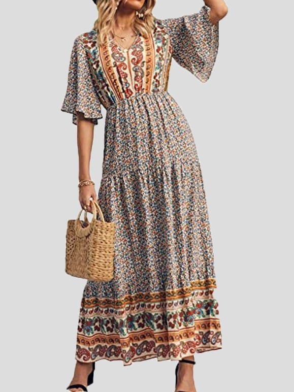 Women's Dresses Boho Print V-Neck Short Sleeve Dress - Maxi Dresses - Instastyled | Online Fashion Free Shipping Clothing, Dresses, Tops, Shoes - 17/01/2022 - 40-50 - color-black