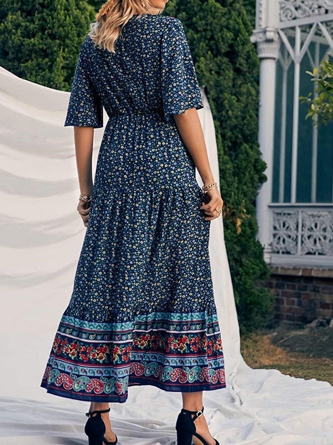 Women's Dresses Boho Print V-Neck Short Sleeve Dress - Maxi Dresses - Instastyled | Online Fashion Free Shipping Clothing, Dresses, Tops, Shoes - 17/01/2022 - 40-50 - color-black