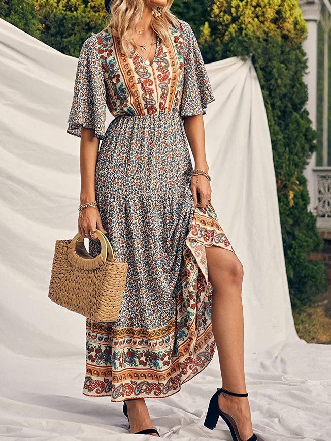 Women's Dresses Boho Print V-Neck Short Sleeve Dress - Maxi Dresses - Instastyled | Online Fashion Free Shipping Clothing, Dresses, Tops, Shoes - 17/01/2022 - 40-50 - color-black