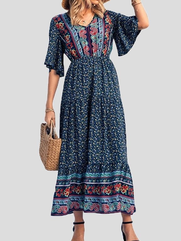 Women's Dresses Boho Print V-Neck Short Sleeve Dress - Maxi Dresses - Instastyled | Online Fashion Free Shipping Clothing, Dresses, Tops, Shoes - 17/01/2022 - 40-50 - color-black