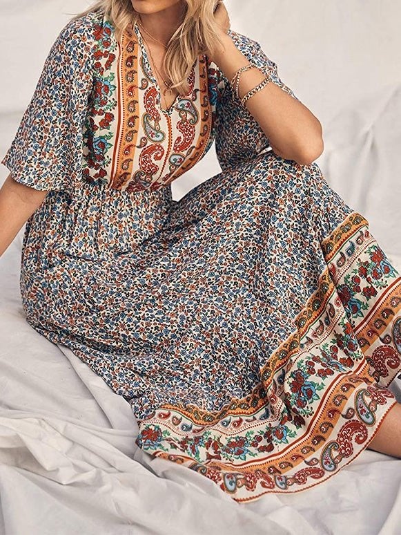 Women's Dresses Boho Print V-Neck Short Sleeve Dress - Maxi Dresses - Instastyled | Online Fashion Free Shipping Clothing, Dresses, Tops, Shoes - 17/01/2022 - 40-50 - color-black