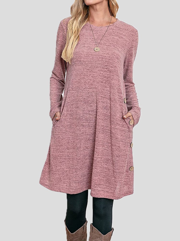 Women's Dresses Buttoned Round Neck Long Sleeve Dress - Midi Dresses - Instastyled | Online Fashion Free Shipping Clothing, Dresses, Tops, Shoes - 21/12/2021 - 30-40 - Casual Dresses