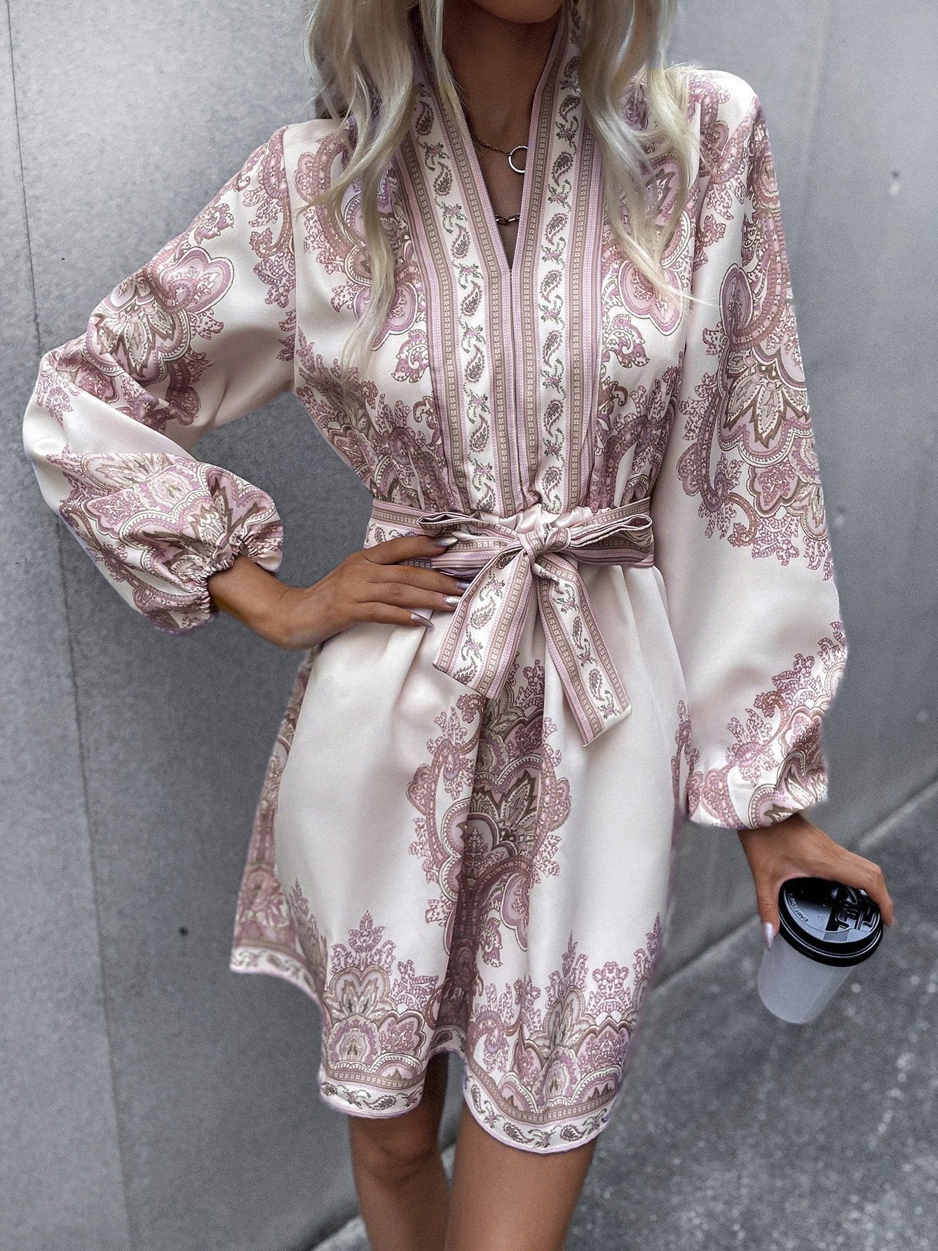 Women's Dresses Casual Belted Printed Long Sleeve Dress - Mini Dresses - INS | Online Fashion Free Shipping Clothing, Dresses, Tops, Shoes - 12/11/2021 - 30-40 - color-blue