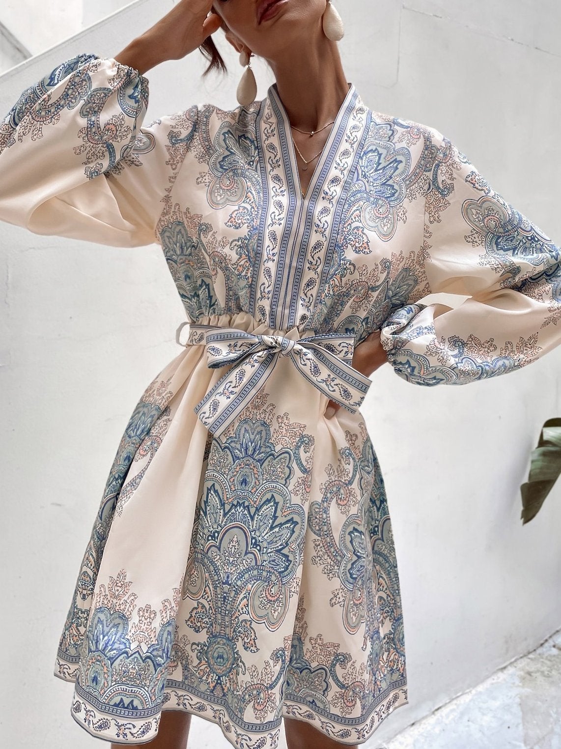 Women's Dresses Casual Belted Printed Long Sleeve Dress - Mini Dresses - INS | Online Fashion Free Shipping Clothing, Dresses, Tops, Shoes - 12/11/2021 - 30-40 - color-blue