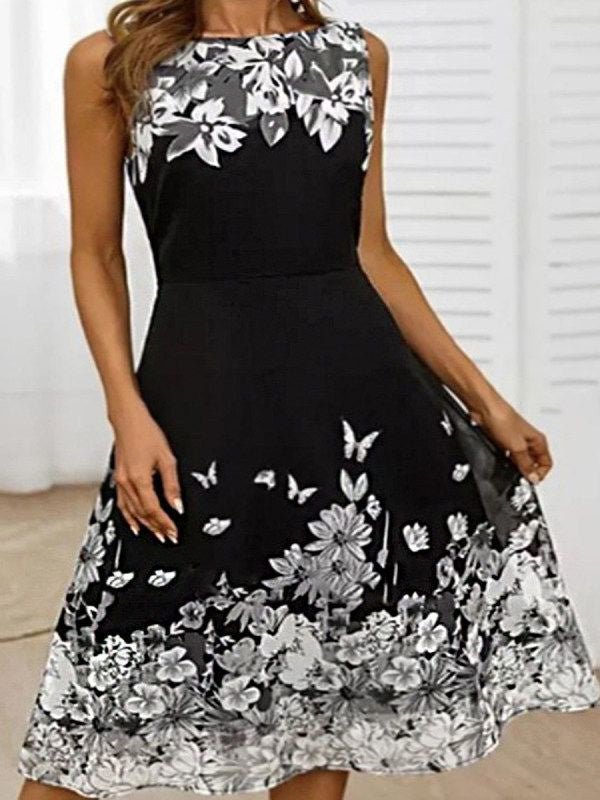 Women's Dresses Casual Print Crew Neck Sleeveless Dress - Midi Dresses - Instastyled | Online Fashion Free Shipping Clothing, Dresses, Tops, Shoes - 11/03/2022 - 20-30 - color-black