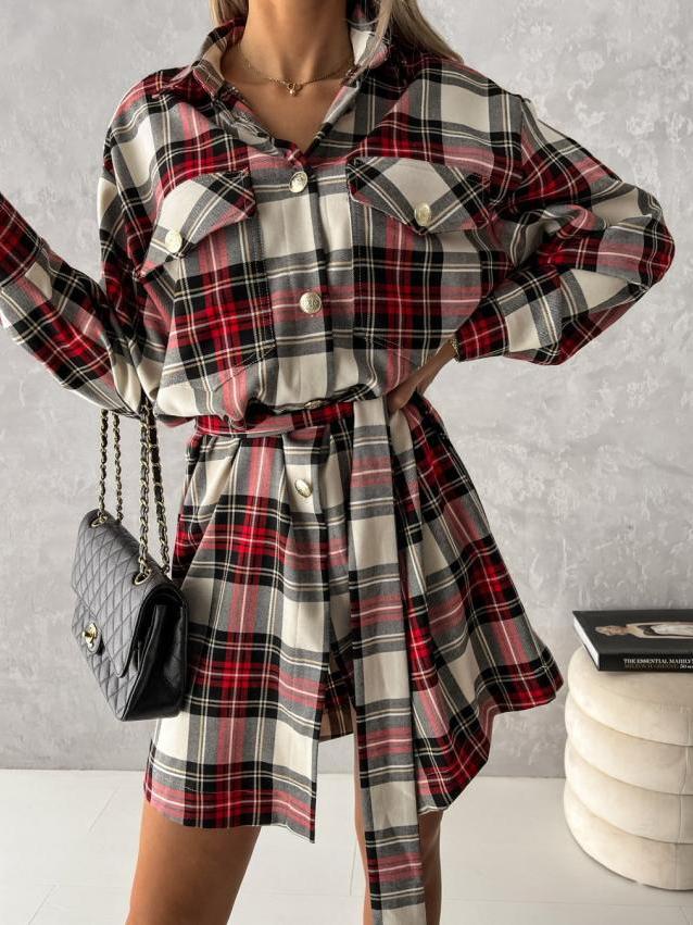 Women's Dresses Check Belted Long Sleeve Shirt Dress - Mini Dresses - INS | Online Fashion Free Shipping Clothing, Dresses, Tops, Shoes - 23/11/2021 - 30-40 - color-multi