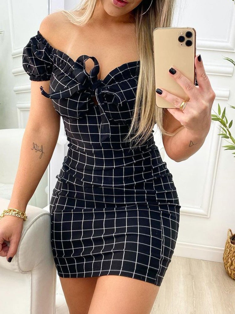 Women's Dresses Check Print One-Shoulder Mini Dress - Mini Dresses - Instastyled | Online Fashion Free Shipping Clothing, Dresses, Tops, Shoes - 19/01/2022 - 20-30 - Bodycon Dresses