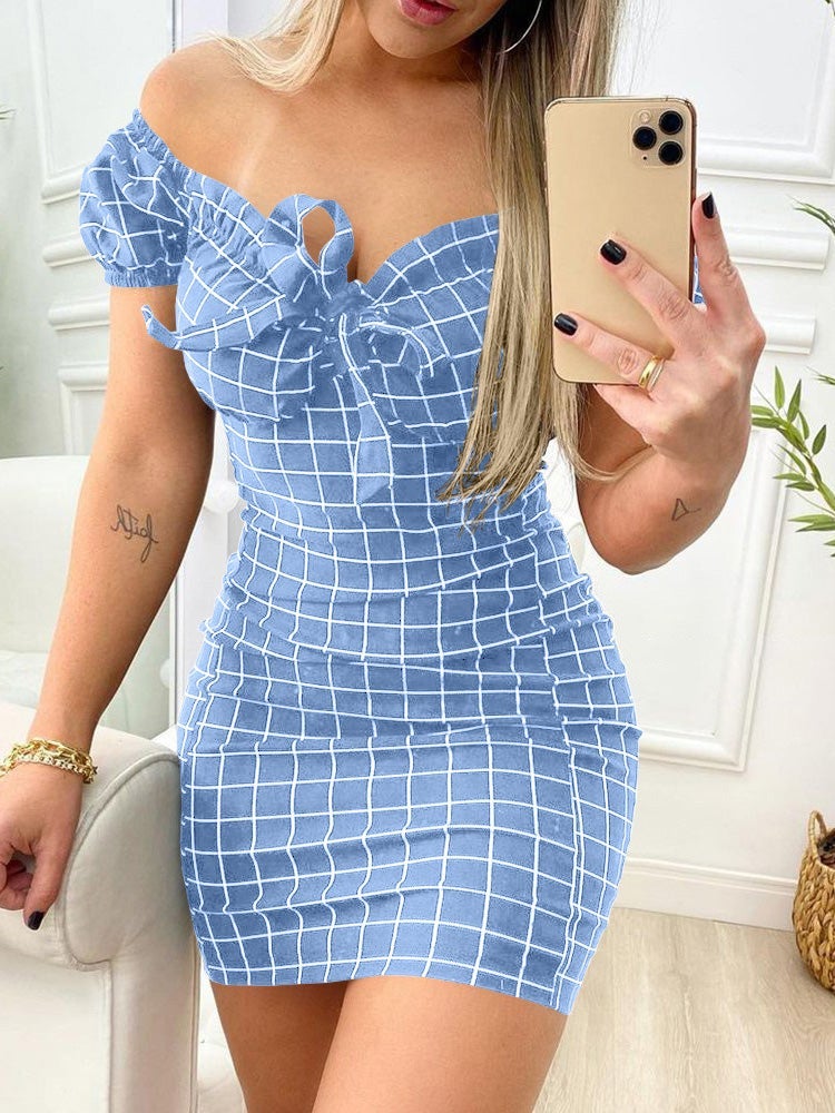 Women's Dresses Check Print One-Shoulder Mini Dress - Mini Dresses - Instastyled | Online Fashion Free Shipping Clothing, Dresses, Tops, Shoes - 19/01/2022 - 20-30 - Bodycon Dresses