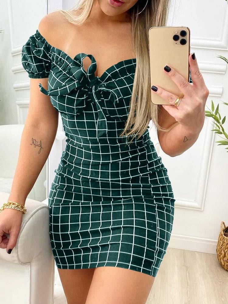 Women's Dresses Check Print One-Shoulder Mini Dress - Mini Dresses - Instastyled | Online Fashion Free Shipping Clothing, Dresses, Tops, Shoes - 19/01/2022 - 20-30 - Bodycon Dresses