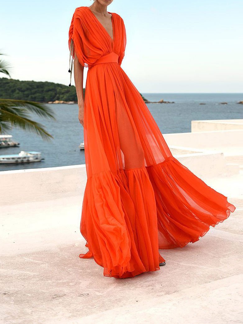 Women's Dresses Chiffon V-Neck Short Sleeve Drawstring Dress - Maxi Dresses - Instastyled | Online Fashion Free Shipping Clothing, Dresses, Tops, Shoes - 02/03/2022 - color-orange - Color_Orange