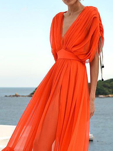 Women's Dresses Chiffon V-Neck Short Sleeve Drawstring Dress - Maxi Dresses - Instastyled | Online Fashion Free Shipping Clothing, Dresses, Tops, Shoes - 02/03/2022 - color-orange - Color_Orange