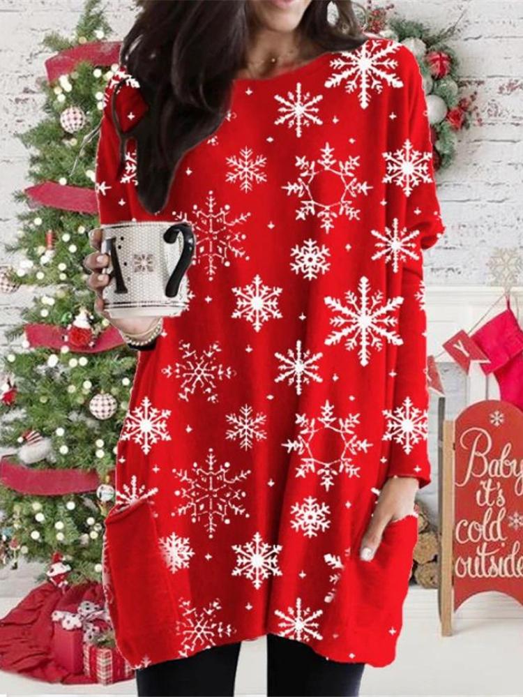 Women's Dresses Christmas Print Pocket Bat Long Sleeve Dress - Mini Dresses - INS | Online Fashion Free Shipping Clothing, Dresses, Tops, Shoes - 06/11/2021 - 20-30 - color-green