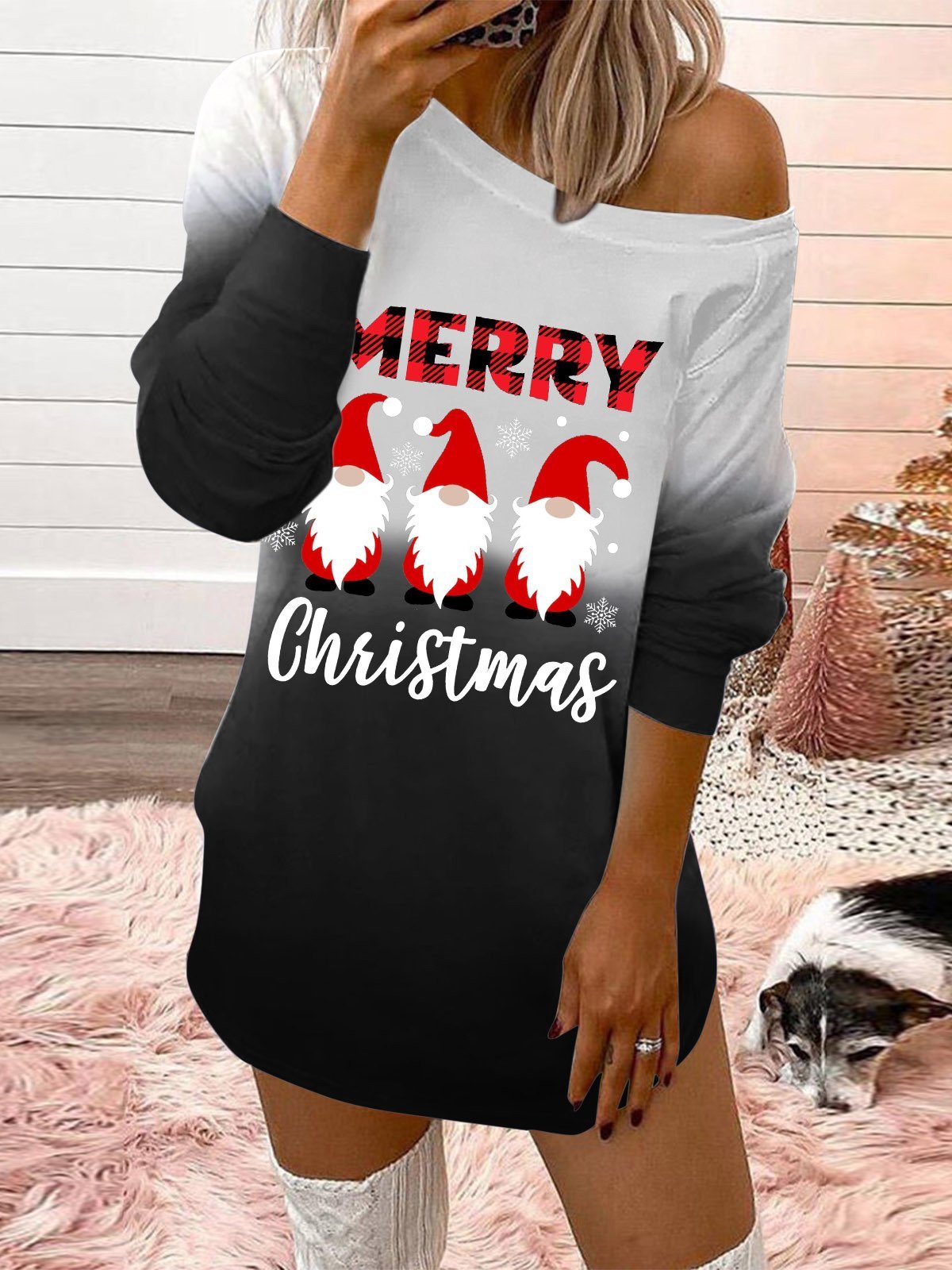 Women's Dresses Christmas Print Sloping Shoulder Long Sleeve Dress - Mini Dresses - INS | Online Fashion Free Shipping Clothing, Dresses, Tops, Shoes - 17/11/2021 - 20-30 - Casual Dresses