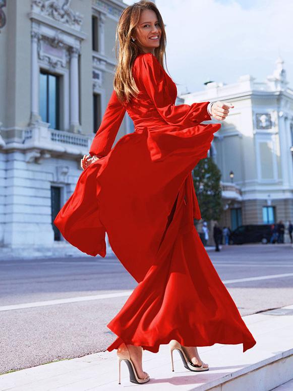 Women's Dresses Deep V-Neck Slit Long Sleeve Dress - Maxi Dresses - INS | Online Fashion Free Shipping Clothing, Dresses, Tops, Shoes - 25/08/2021 - 40-50 - Category_Maxi Dresses