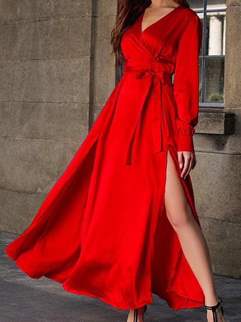 Women's Dresses Deep V-Neck Slit Long Sleeve Dress - Maxi Dresses - INS | Online Fashion Free Shipping Clothing, Dresses, Tops, Shoes - 25/08/2021 - 40-50 - Category_Maxi Dresses