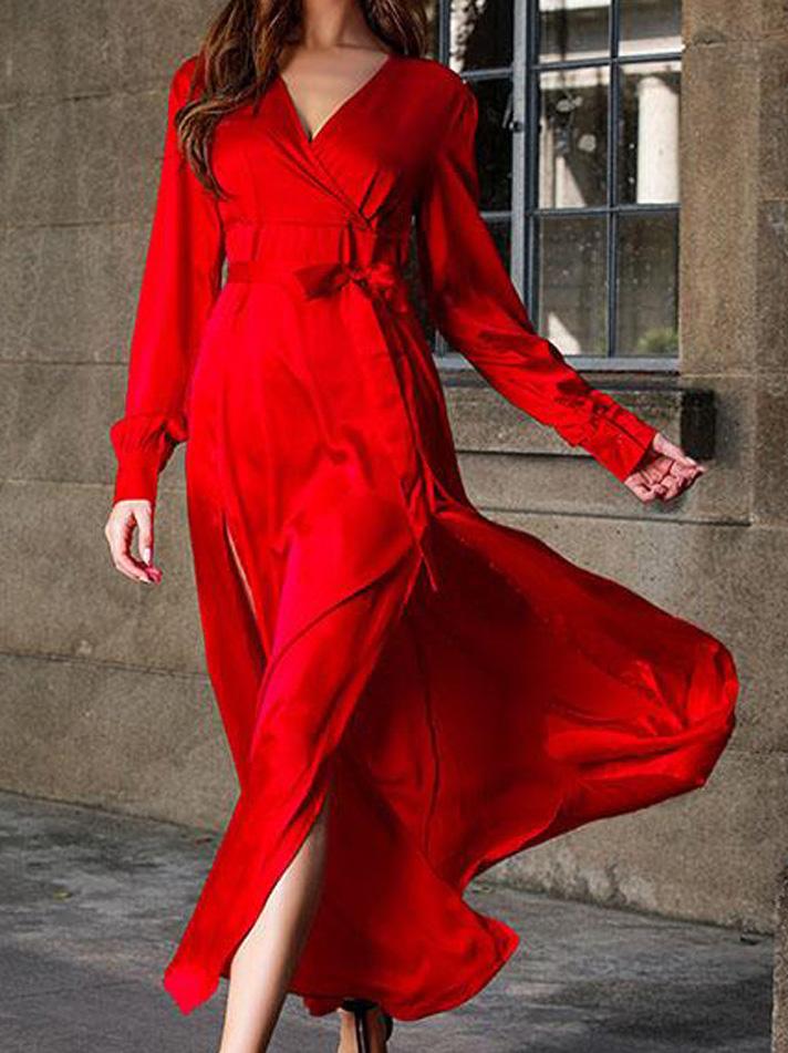 Women's Dresses Deep V-Neck Slit Long Sleeve Dress - Maxi Dresses - INS | Online Fashion Free Shipping Clothing, Dresses, Tops, Shoes - 25/08/2021 - 40-50 - Category_Maxi Dresses