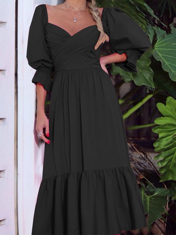 Women's Dresses Fashion Solid V-Neck Mid-Sleeve Dress - Maxi Dresses - Instastyled | Online Fashion Free Shipping Clothing, Dresses, Tops, Shoes - 17/03/2022 - color-black - color-red