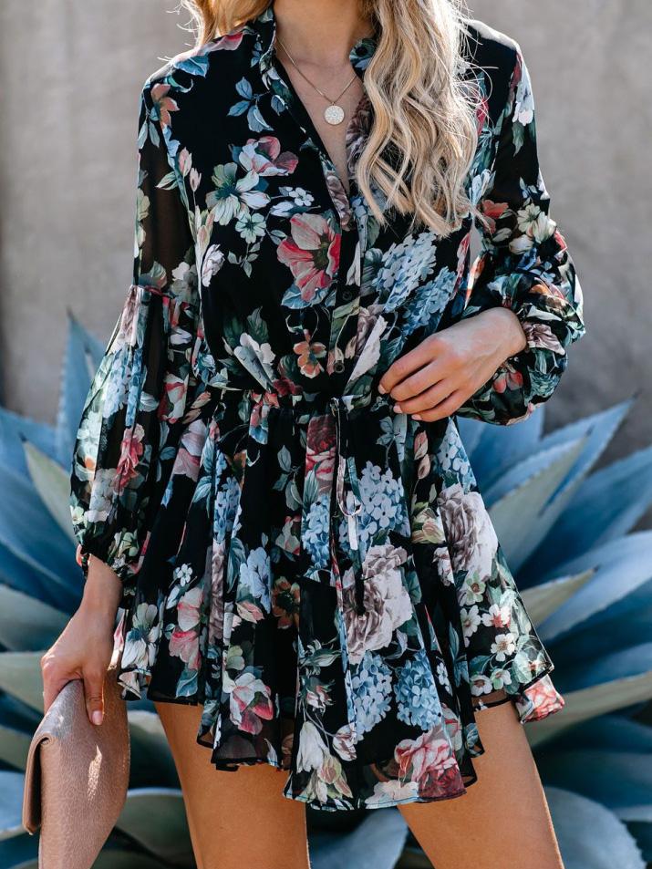 Women's Dresses Floral Button Long Sleeve Mini Dress - Mini Dresses - INS | Online Fashion Free Shipping Clothing, Dresses, Tops, Shoes - 27/09/2021 - Color_Black - Color_Pink