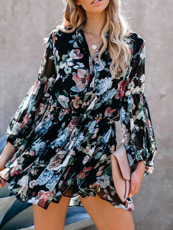 Women's Dresses Floral Button Long Sleeve Mini Dress - Mini Dresses - INS | Online Fashion Free Shipping Clothing, Dresses, Tops, Shoes - 27/09/2021 - Color_Black - Color_Pink