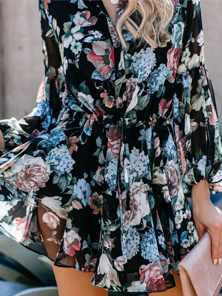 Women's Dresses Floral Button Long Sleeve Mini Dress - Mini Dresses - INS | Online Fashion Free Shipping Clothing, Dresses, Tops, Shoes - 27/09/2021 - Color_Black - Color_Pink