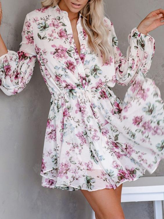 Women's Dresses Floral Button Long Sleeve Mini Dress - Mini Dresses - INS | Online Fashion Free Shipping Clothing, Dresses, Tops, Shoes - 27/09/2021 - Color_Black - Color_Pink