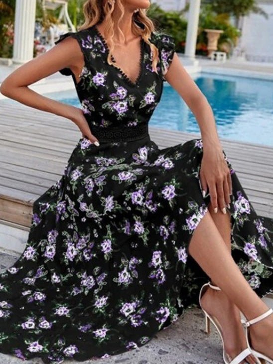 Women's Dresses Floral Print V-Neck Sleeveless Dress - Maxi Dresses - Instastyled | Online Fashion Free Shipping Clothing, Dresses, Tops, Shoes - 01/03/2022 - 40-50 - color-black