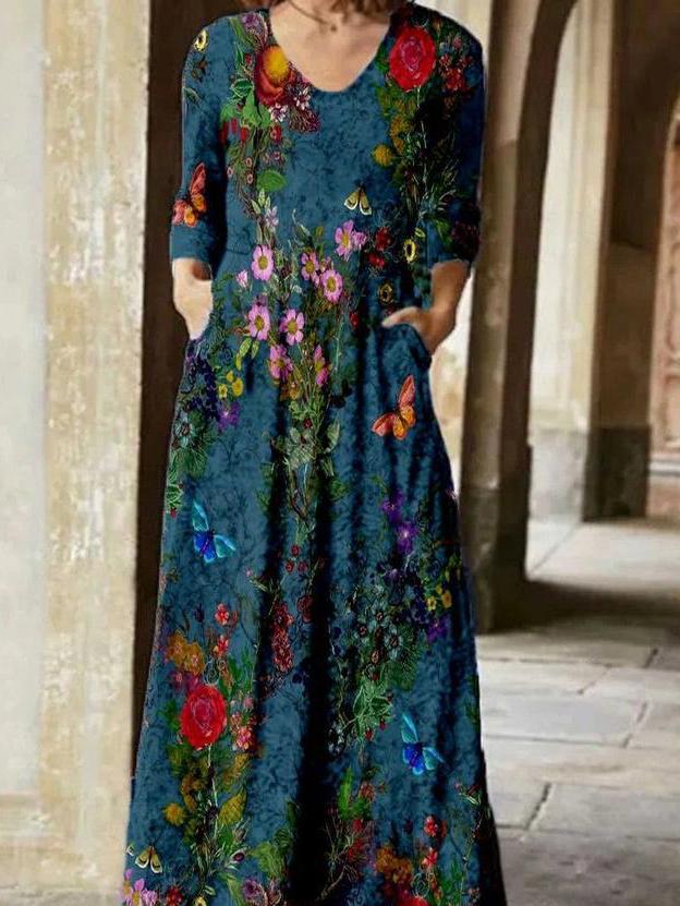 Women's Dresses Floral V-Neck Pocket Long Sleeve Dress - Maxi Dresses - INS | Online Fashion Free Shipping Clothing, Dresses, Tops, Shoes - 27/10/2021 - 30-40 - color-green