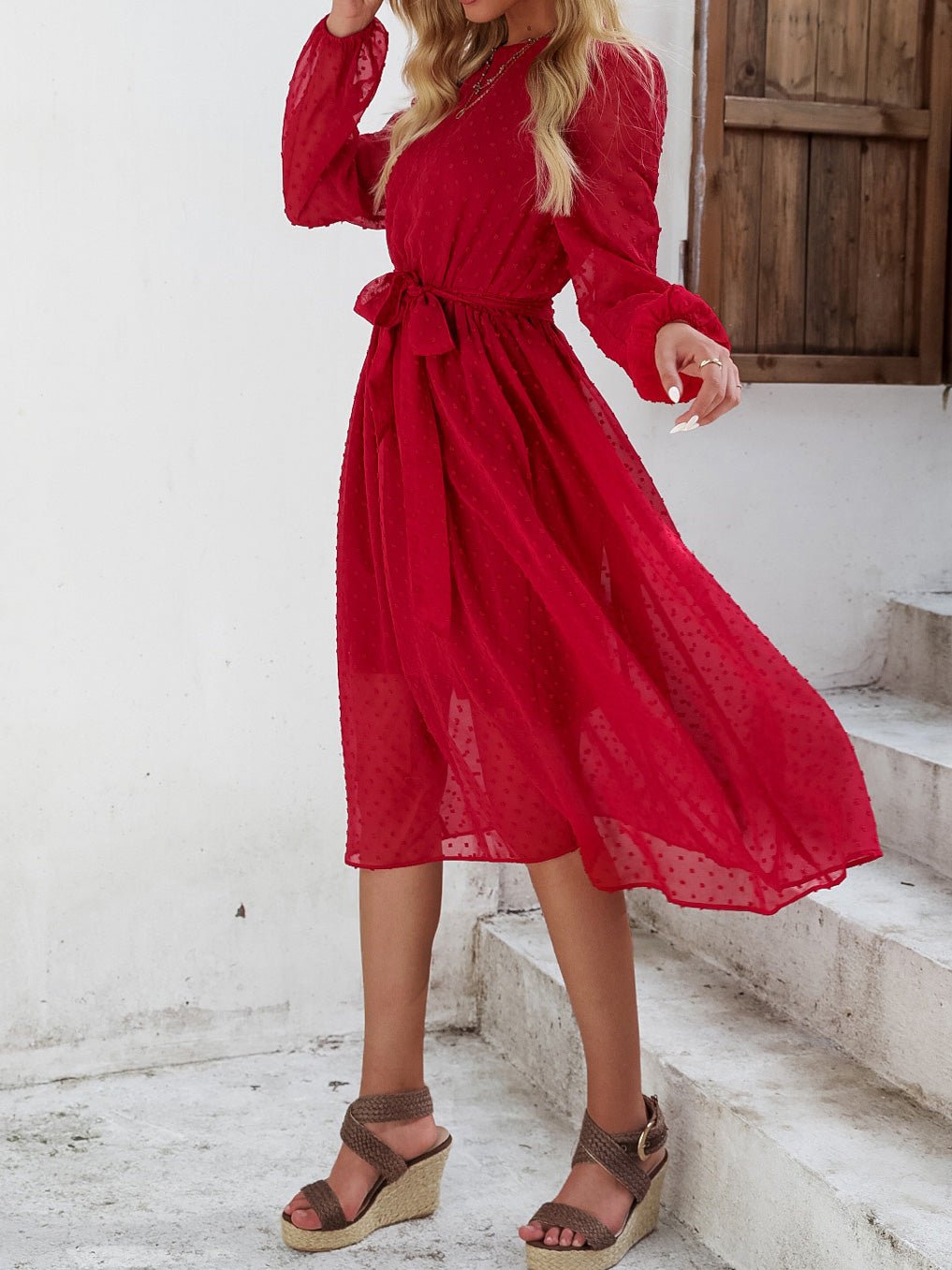 Women's Dresses Furball Belted Long Sleeve Dress - Maxi Dresses - Instastyled | Online Fashion Free Shipping Clothing, Dresses, Tops, Shoes - 17/02/2022 - 40-50 - color-red