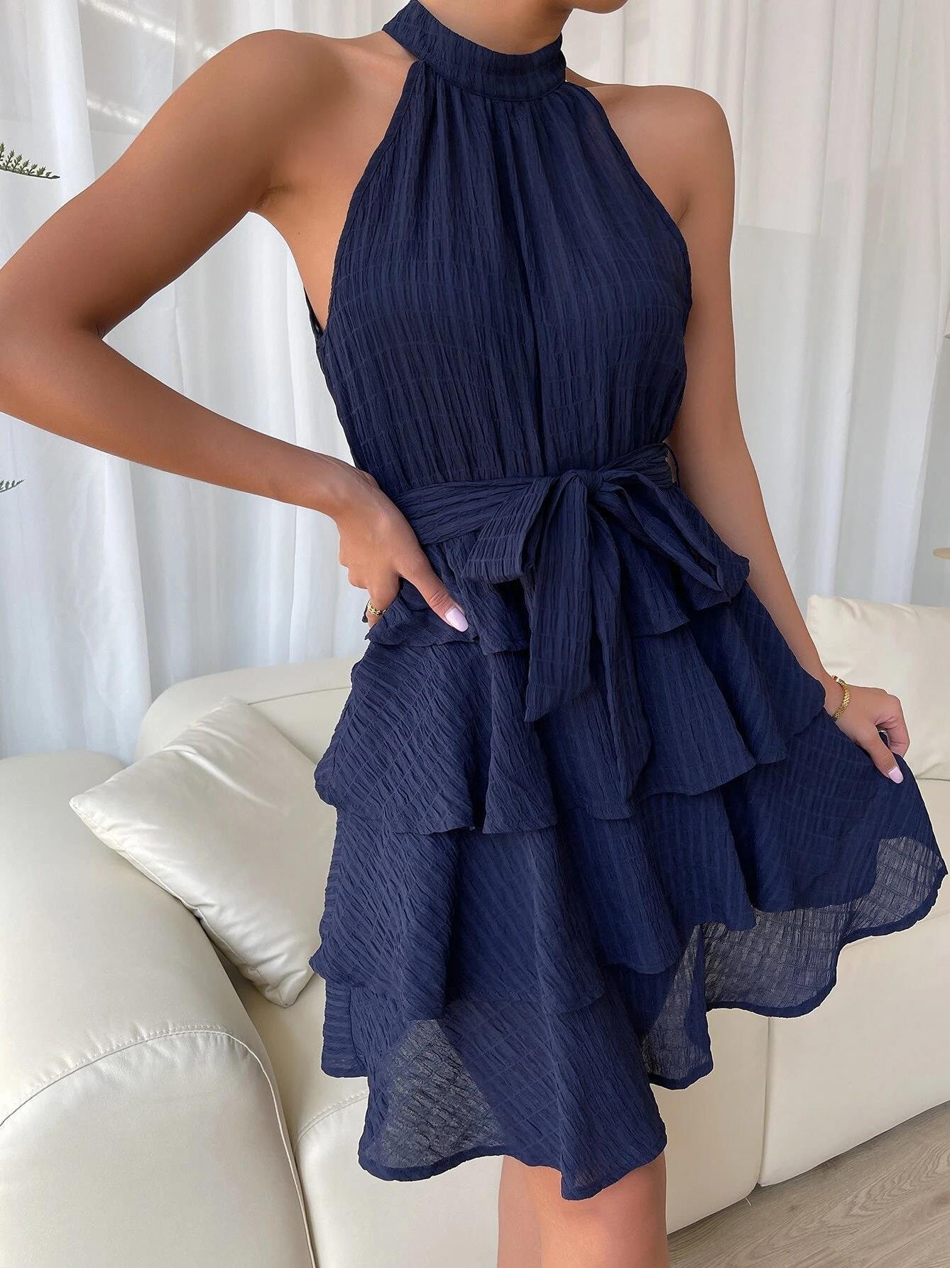 Women's Dresses Halter Belted Sleeveless Ruffle Dress - Mini Dresses - Instastyled | Online Fashion Free Shipping Clothing, Dresses, Tops, Shoes - 21/03/2022 - 30-40 - color-blue