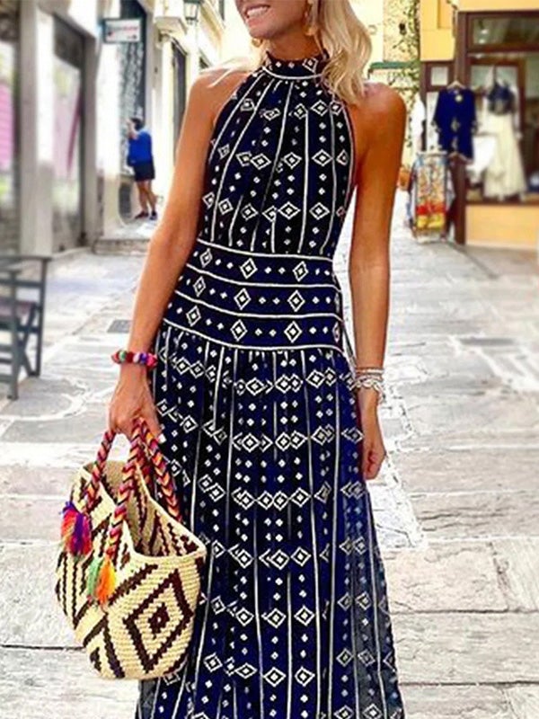 Women's Dresses Hanging Neck Sleeveless Print Dress - Maxi Dresses - Instastyled | Online Fashion Free Shipping Clothing, Dresses, Tops, Shoes - 15/01/2022 - 40-50 - color-blue