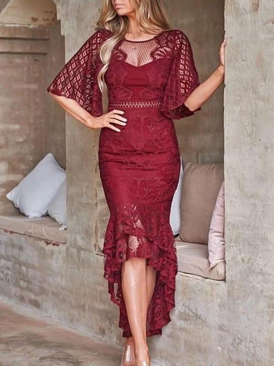 Women's Dresses Lace Mid-Sleeve Slim-Fit Mermaid Dress - Midi Dresses - INS | Online Fashion Free Shipping Clothing, Dresses, Tops, Shoes - 17/09/2021 - Category_Midi Dresses - Color_Blue