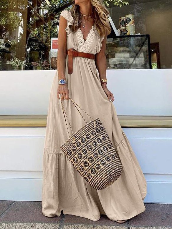 Women's Dresses Lace Pleated V-Neck Sleeveless Dress - Maxi Dresses - Instastyled | Online Fashion Free Shipping Clothing, Dresses, Tops, Shoes - 21/02/2022 - color-black - color-khaki