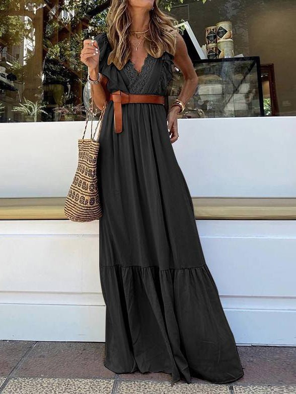 Women's Dresses Lace Pleated V-Neck Sleeveless Dress - Maxi Dresses - Instastyled | Online Fashion Free Shipping Clothing, Dresses, Tops, Shoes - 21/02/2022 - color-black - color-khaki