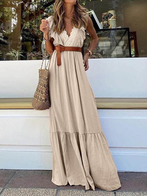 Women's Dresses Lace Pleated V-Neck Sleeveless Dress - Maxi Dresses - Instastyled | Online Fashion Free Shipping Clothing, Dresses, Tops, Shoes - 21/02/2022 - color-black - color-khaki