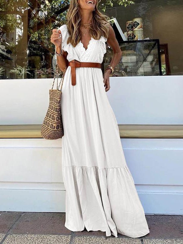 Women's Dresses Lace Pleated V-Neck Sleeveless Dress - Maxi Dresses - Instastyled | Online Fashion Free Shipping Clothing, Dresses, Tops, Shoes - 21/02/2022 - color-black - color-khaki