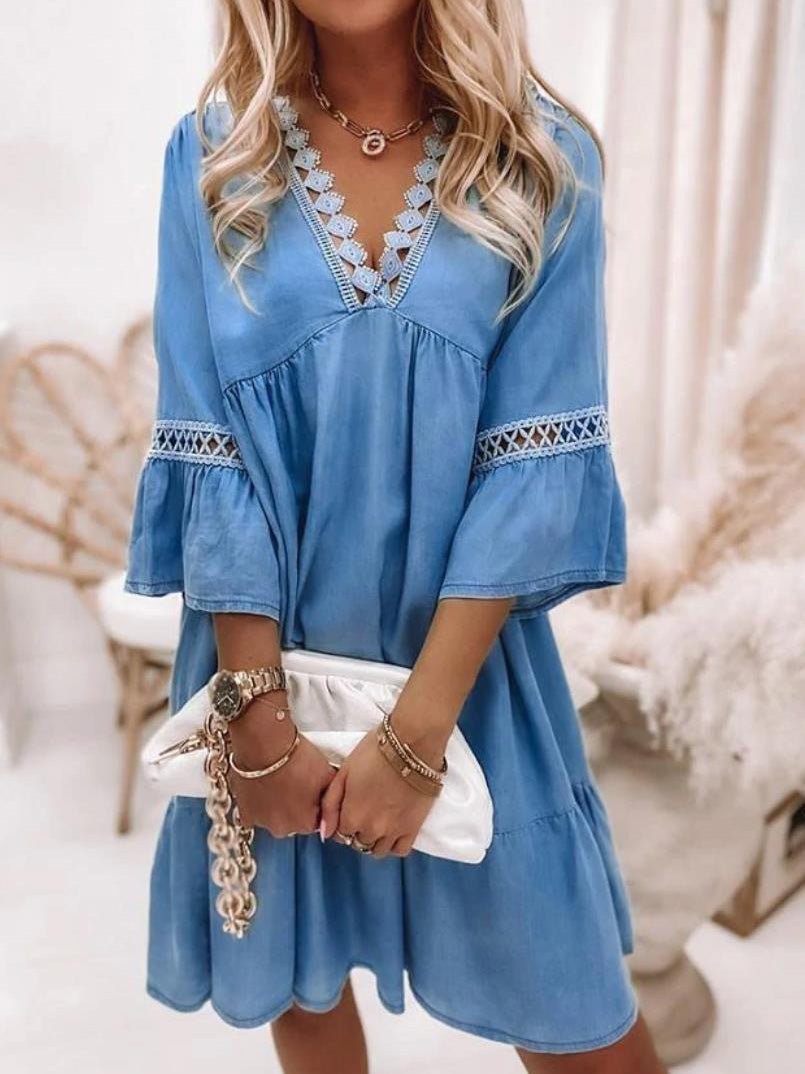 Women's Dresses Lace V-Neck 3/4 Sleeve Dress - Mini Dresses - Instastyled | Online Fashion Free Shipping Clothing, Dresses, Tops, Shoes - 17/03/2022 - 40-50 - Casual Dresses