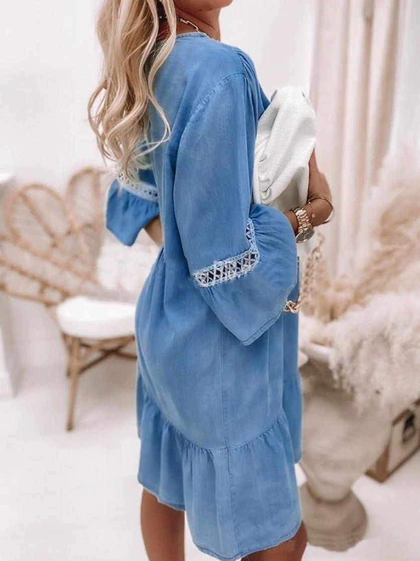 Women's Dresses Lace V-Neck 3/4 Sleeve Dress - Mini Dresses - Instastyled | Online Fashion Free Shipping Clothing, Dresses, Tops, Shoes - 17/03/2022 - 40-50 - Casual Dresses