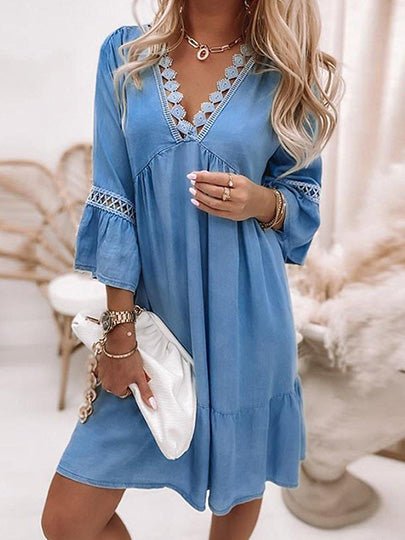 Women's Dresses Lace V-Neck 3/4 Sleeve Dress - Mini Dresses - Instastyled | Online Fashion Free Shipping Clothing, Dresses, Tops, Shoes - 17/03/2022 - 40-50 - Casual Dresses